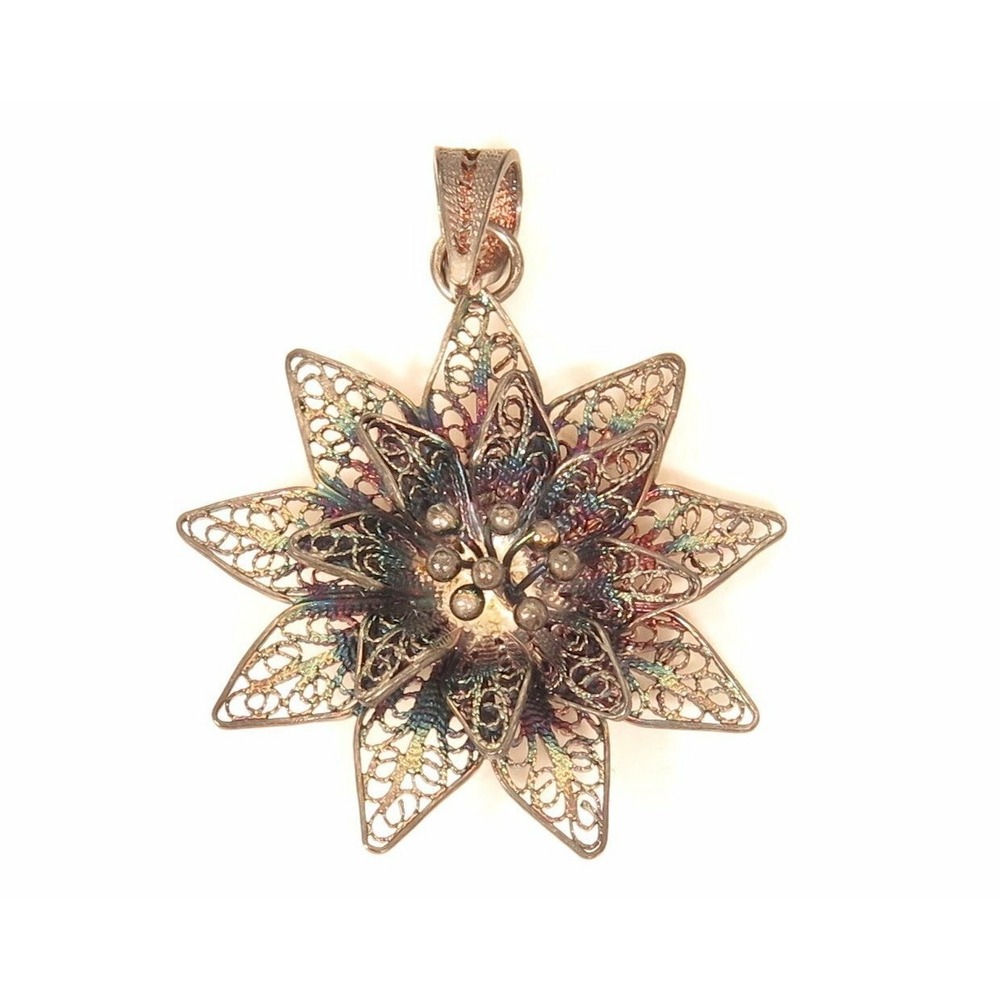 Vintage Sterling Silver Victorian Revival Filigree Flower 1044 VU 925 Pendant‎